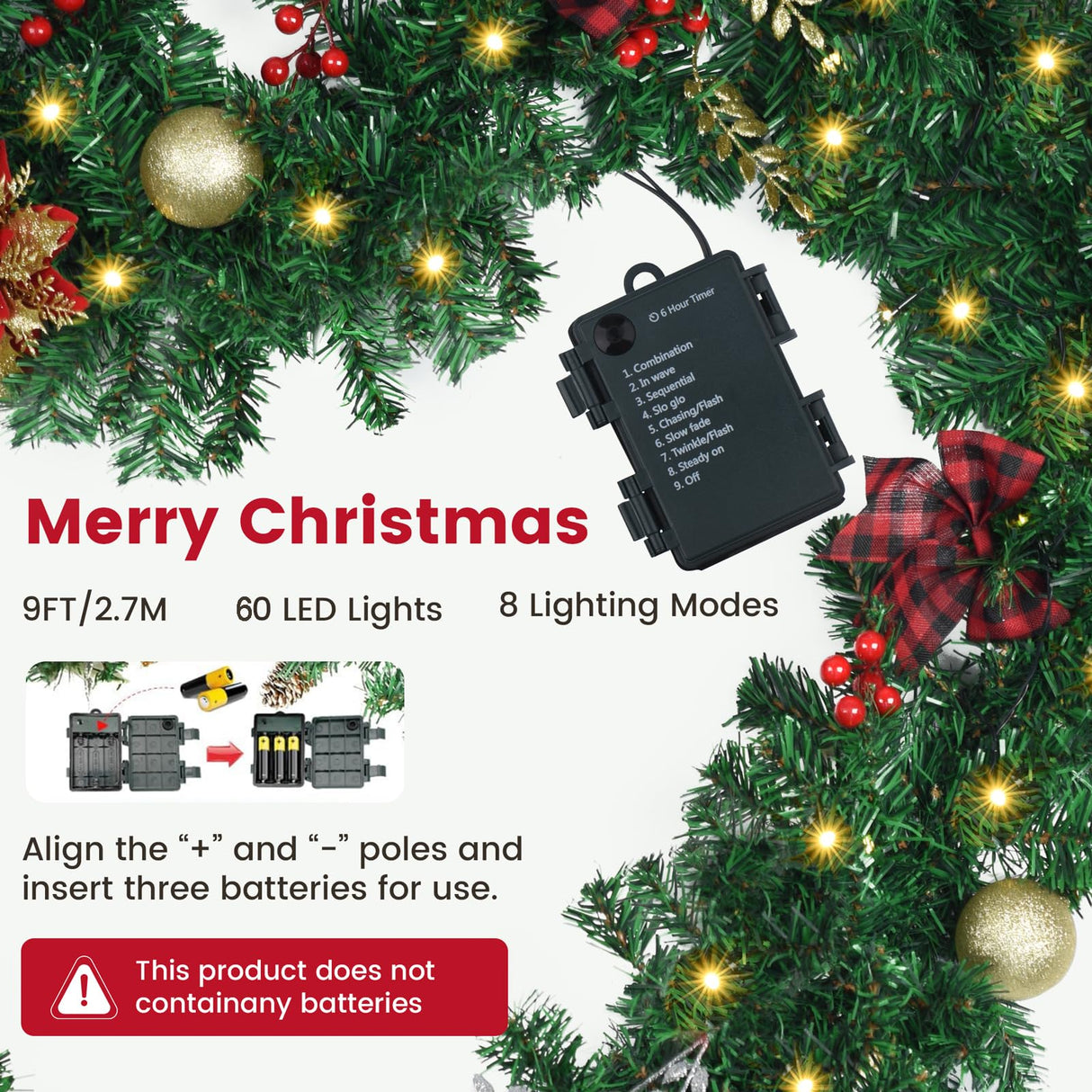 9FT Christmas Garland with Lights, Pre-Lit Garlands for Christmas Decoration with 60 LED Lights, Berries, Bows, Ball, Flower, Leaves, Battery Operated Indoor & Outdoor Christmas Decor PROSWIFT