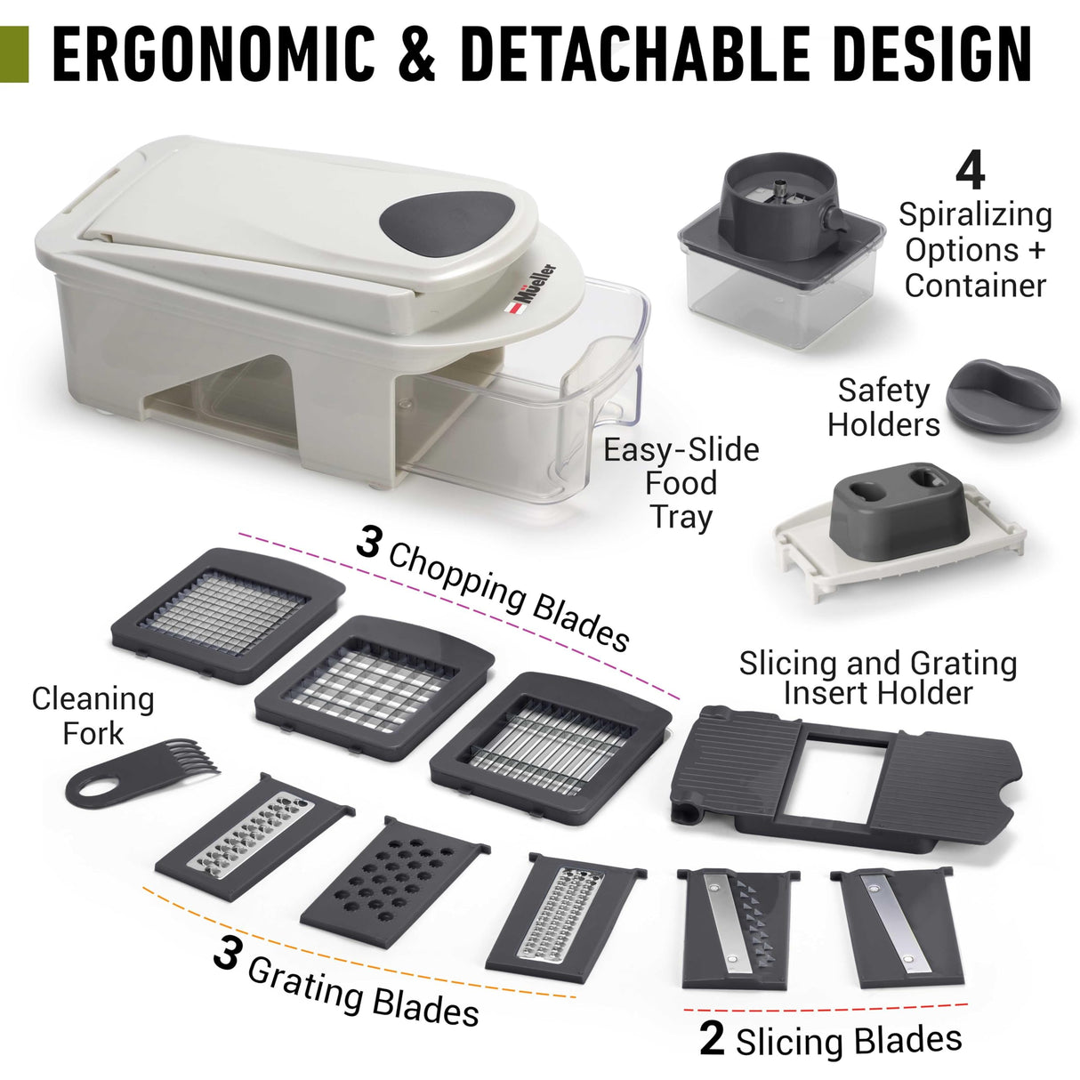 Mueller Pro-Series All-in-One, 12 Blade Mandoline Slicer for Kitchen, Food Chopper, Vegetable Slicer and Spiralizer, Cutter, Dicer, Grater, Kitchen Gadgets Sets with Container, White Sand/Gray Mueller