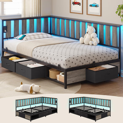 ADORNEVE Corner Bed Frame with 3 Storage Drawers, 2 Cubbies, LED Lights, Twin Daybed with Wood Guardrail and Power Outlet, Corner Twin Bed Frames for Living Room, Bedroom and Guest Room, Grey