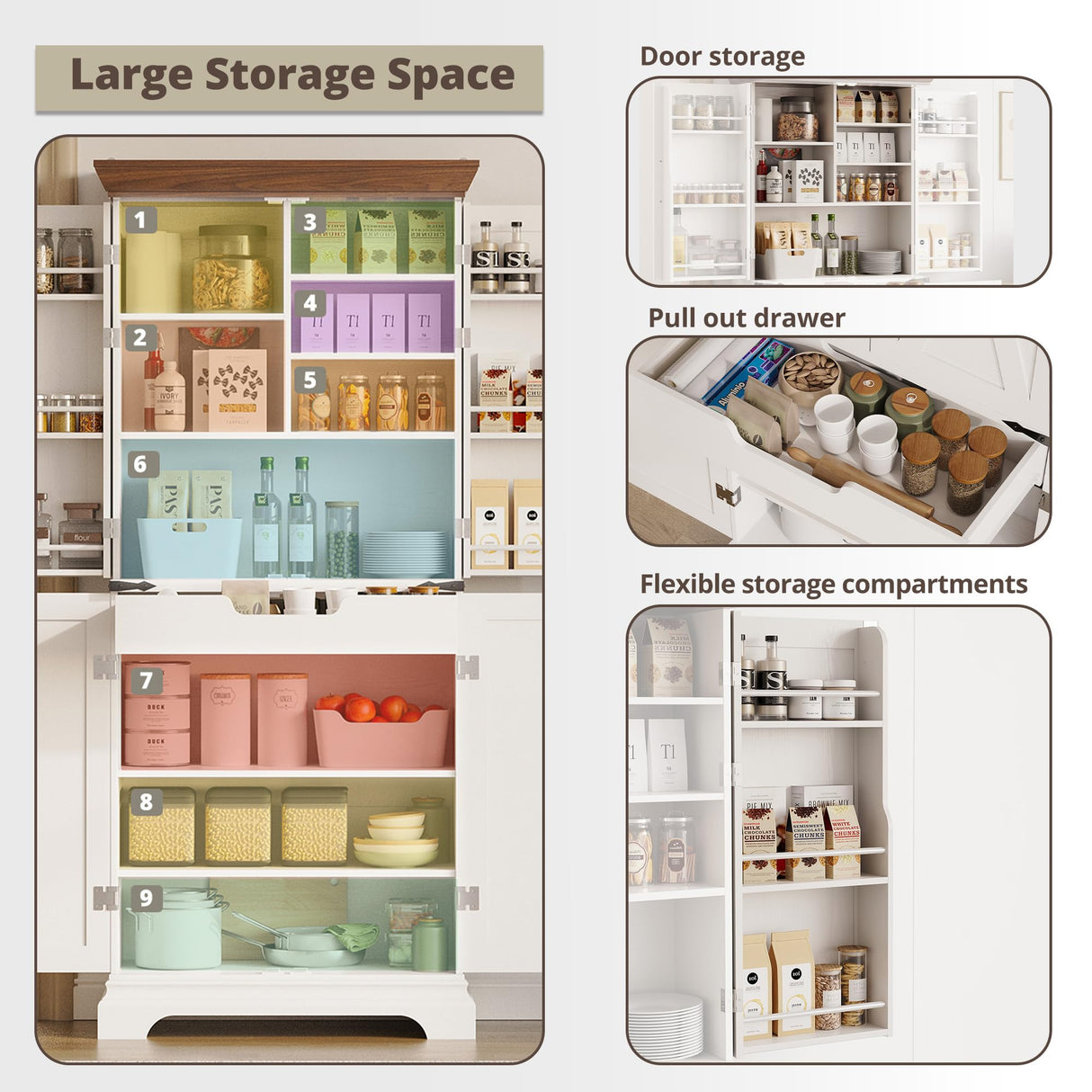 IRONCK Kitchen Pantry Cabinet 72" H, with 9 Shelves, 4 Barn Doors, Drawer, 6 Door Storage Shelves, Farmhouse Freestanding Rustic Wood Cupboard for Kitchen Dining Room White IRONCK