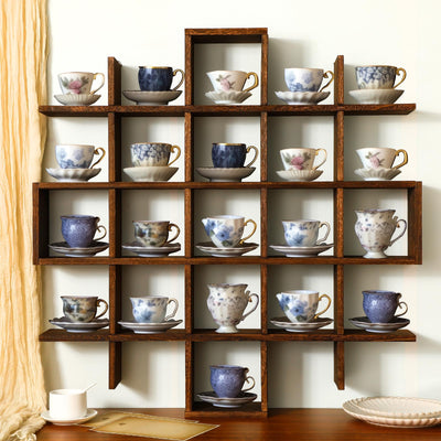 Suzile Oversize Tea Cup and Saucer Display Rack Rustic Brown Wooden Display Shelves Rustic Wooden Floating Curio Shelf Travel Wall Mounted Tea Cup and Saucer Rack Holder Shadow Box Shelf