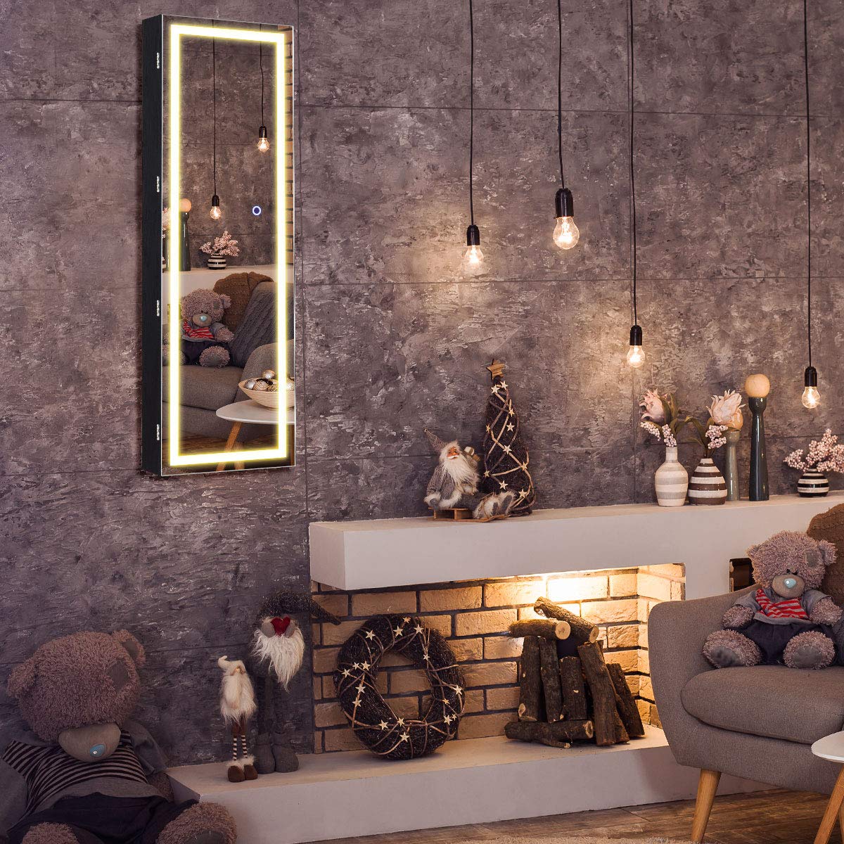 Giantex Jewelry Cabinet Armoire Door Wall Mount, 47.2in Lockable Touch Screen Lighted Full Length Mirror, 3 Lighting Settings, Inside Makeup Mirror, Jewelry Storage Box Organizer (Black) Giantex