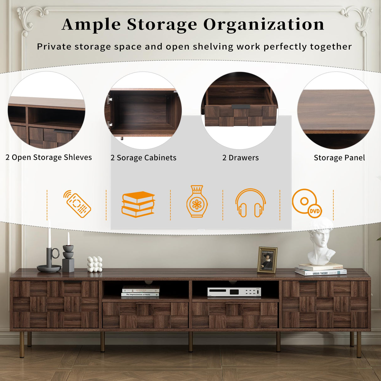 Merax Modern Wood TV Stand Consoles for Living Room, Mid-Century Solid Wood Entertainment Center with Storage Cabinets, Practical Media Console for TVs Up to 85'', Dark Brwon Merax