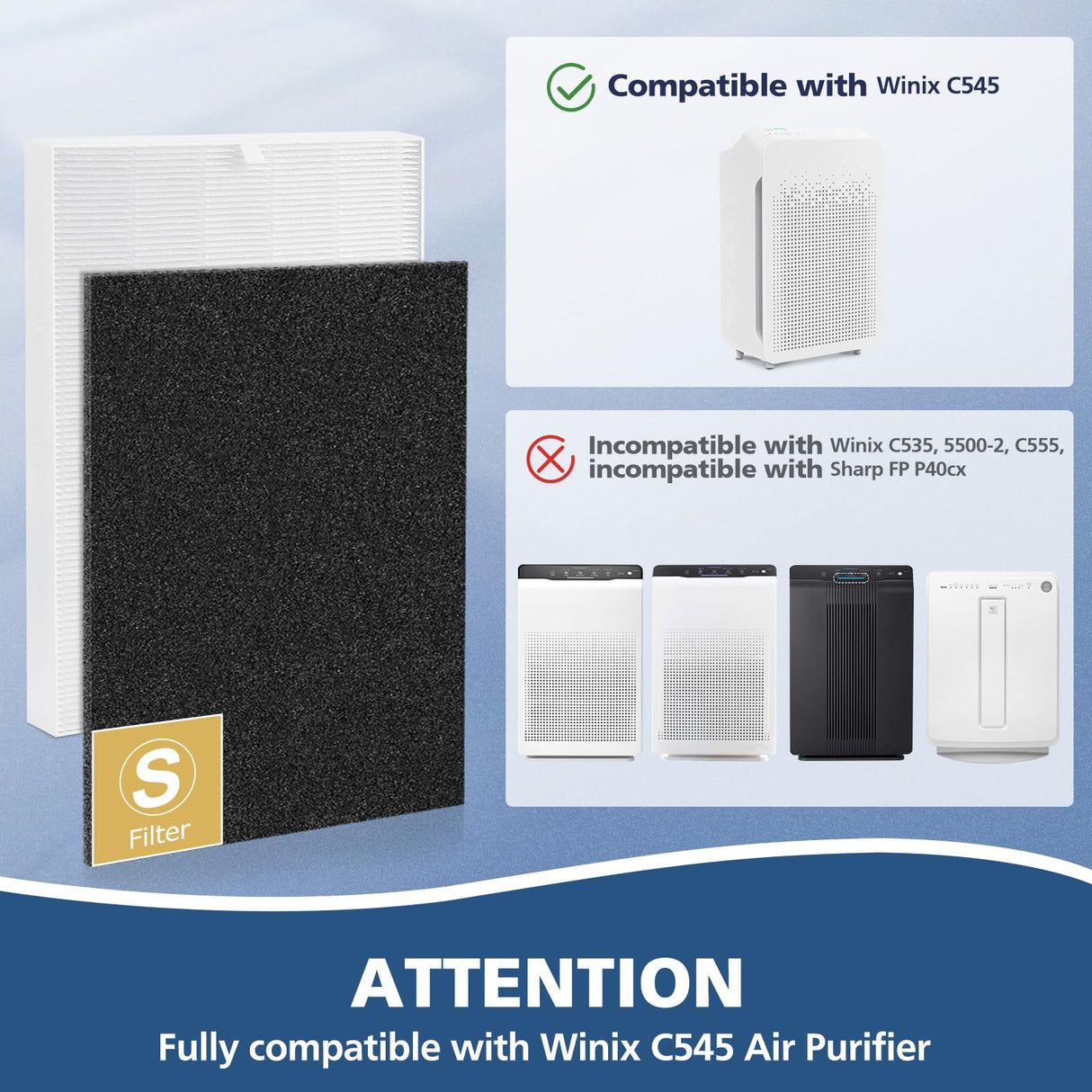 C545 H13 True HEPA Replacement Filter S Compatible with Winix C545 Air Purifier, Replaces Part 1712-0096-00 and 2522-0058-00, 1 True HEPA Filter + 4 Activated Carbon Filters, 1 Pack Cabiclean