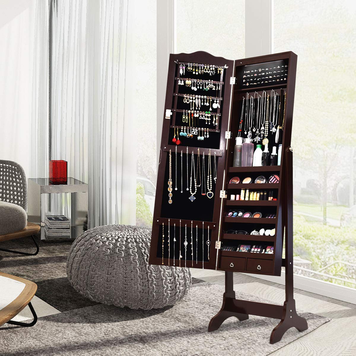 Giantex Jewelry Armoire Organizer with Full Length Mirror, 14 LEDs Floor Standing Jewelry Cabinet with 2 Drawers, 4 Adjustable Angles, Lockable Jewelry Storage Box Cabinet (Brown) Giantex