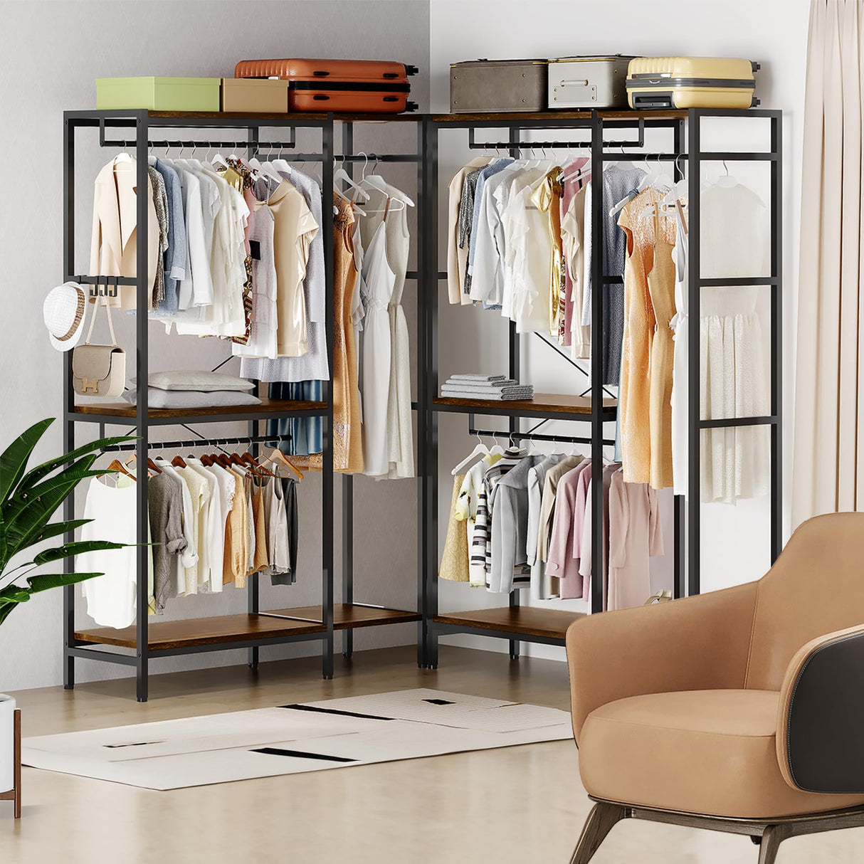 ZERDER Clothes Rack, Heavy Duty Garment Rack for Clothes, Clothing Racks with Shelves and 4 Side Hooks, Freestanding Metal Wooden Closet Organizer, Wardrobe Storage Rack, Brown ZERDER