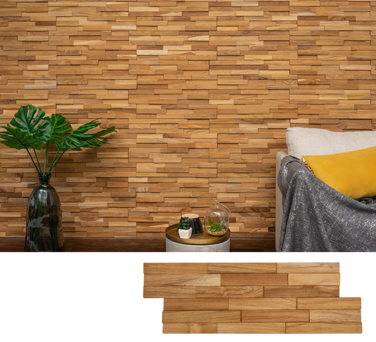WoodyWalls 3D Wall Panels | Wood Planks are Made from 100% Teak | Each Wood Panel is Handmade and Unique | Premium Set of 10 3D Wall Decor Panels | DIY Wood Panels (9.5 sq.ft. per Box) Natural Teak Woody Walls