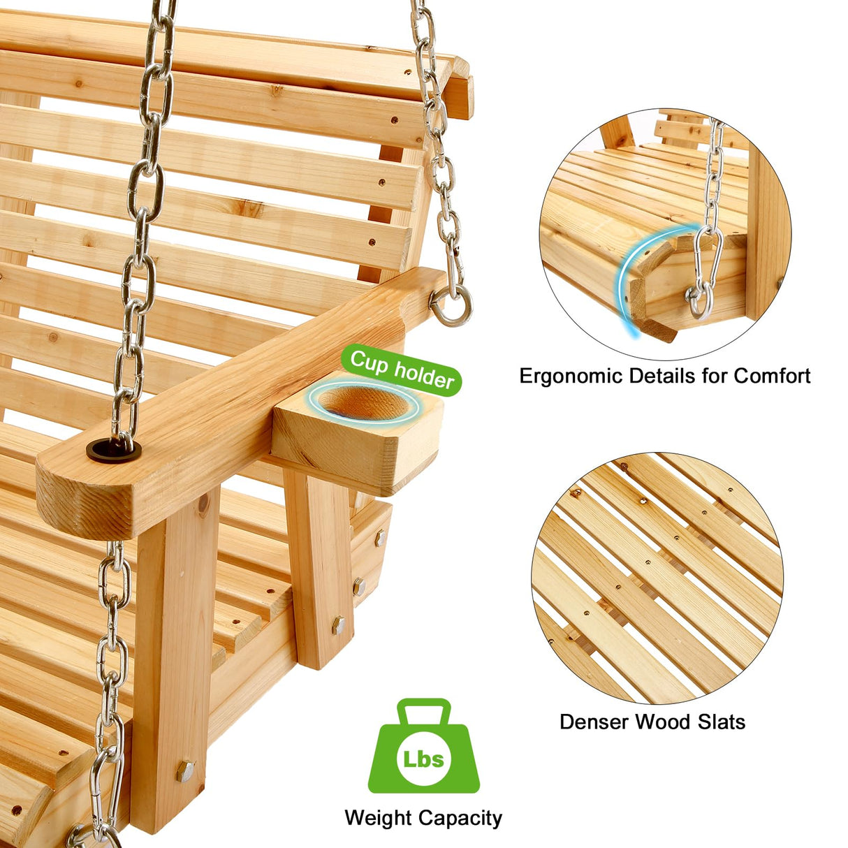 Kybolt Wooden Porch Swing with Hanging Chain,2-Seater Patio Swing Chair with Cup Holders,Outdoor Swing Bench for Porch Courtyard Garden Balcony KYBOLT