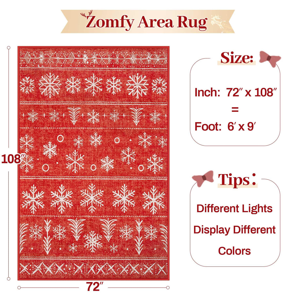 Christmas Area Rug 6x9 Rugs: Washable Living Room Rug Xmas Holiday Decor Rugs Snowflake Low Pile Boho Rug Indoor Floor Carpet for Bedroom Kitchen Dining Room Home(Xmas Red, 6'x9') Zomfy