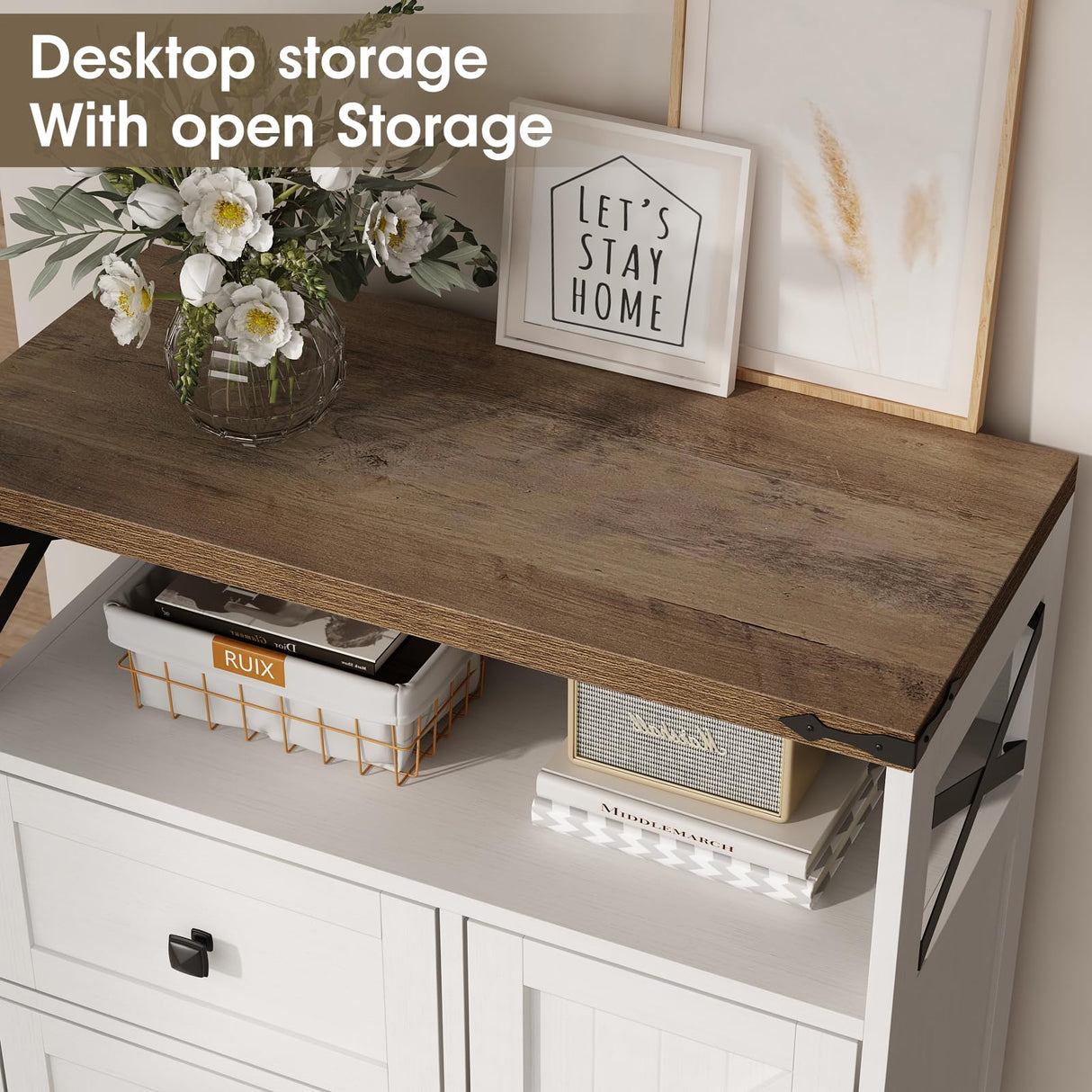 Fameill White Farmhouse Storage Cabinet with 2 Drawers & Shelves,Freestanding Storage Cabinet with Doors & Open Storage,Floor Storage Cabinet for Living Room,Bathroom,Kitchen,Laundry Fameill