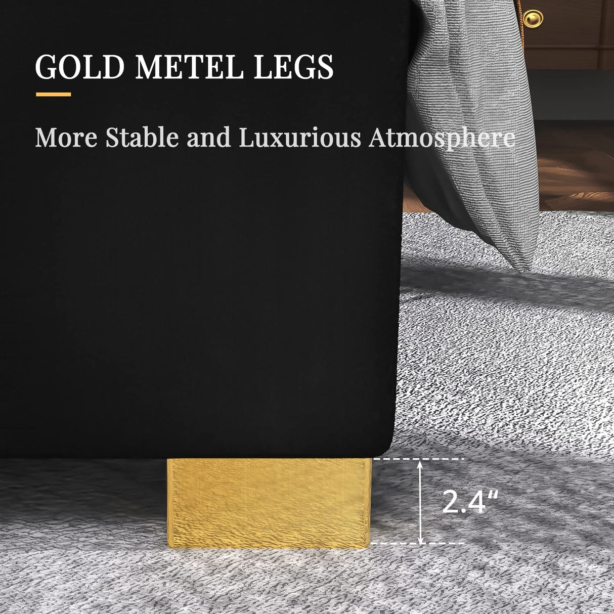 Albott Queen Size Platform Bed Frame, 61.4" Velvet Upholstered Bed with Gold Trim Headboard/Wooden Slats/No Box Spring Needed/Black Albott