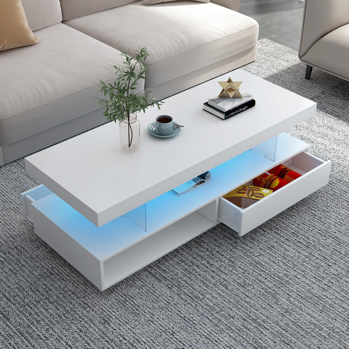 LED Coffee Table with Storage, Modern Center Table with Open Display Shelf & 2 Double Sliding Drawers, Accent Furniture with LED Lights for Living Room, Easy Assembly (White-HH80) Aiuyesuo