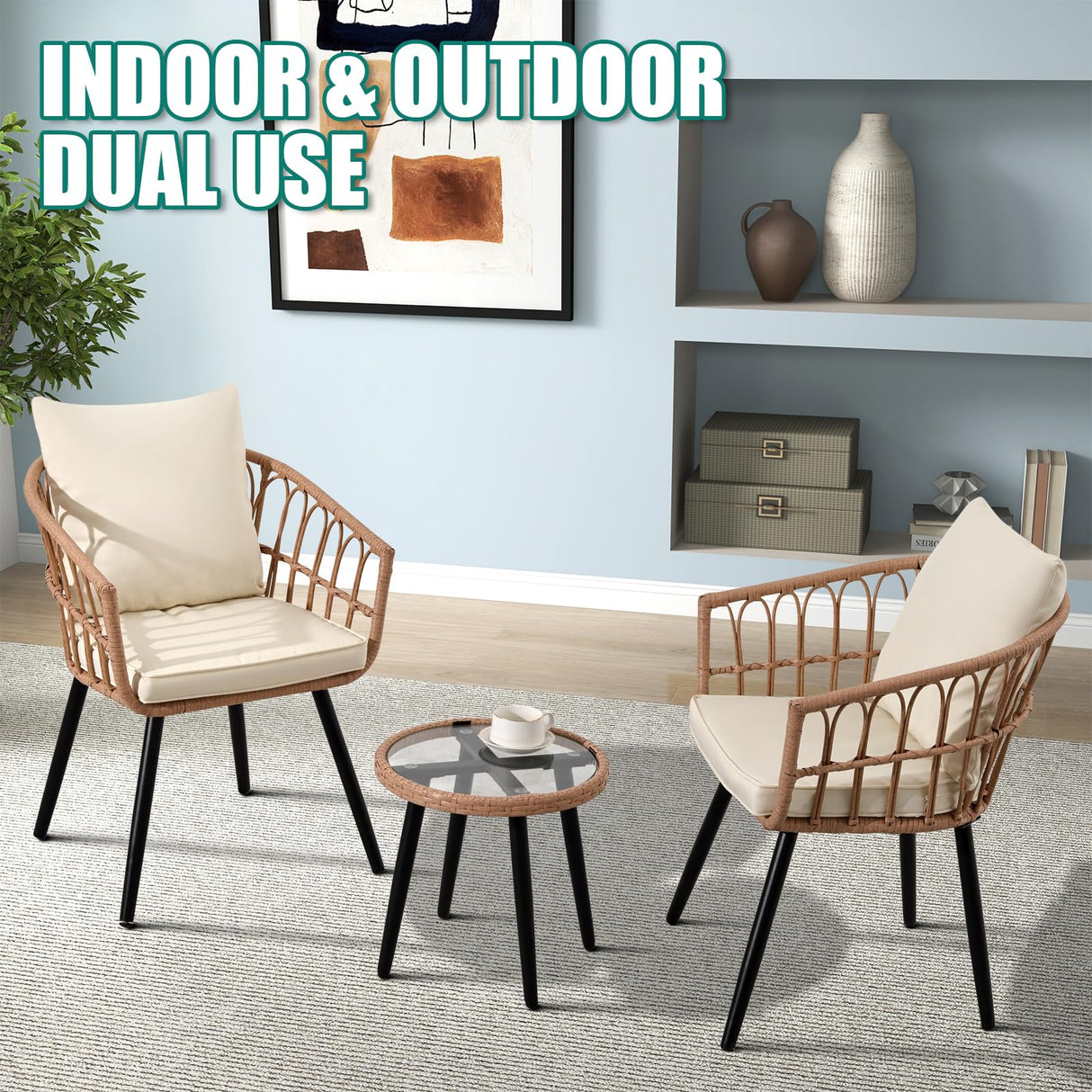 IJIALIFE 3 Pieces Patio Bistro Set, Outdoor Wicker Table and Chairs Set of 2, Rattan Balcony Furniture Set with Cushions for Front Porch Apartment Backyard Deck,Beige IJIALIFE