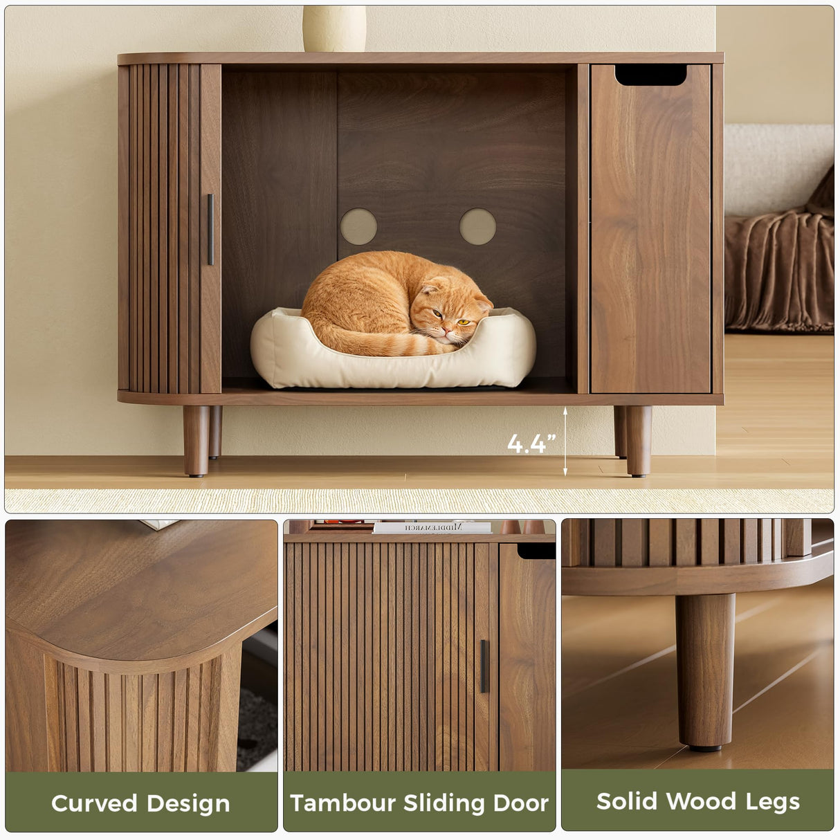 IRONCK Cat Litter Box Enclosure with Sliding Tambour Door, Wooden Litter Box Enclosure Furniture with 2-Layer Drawer, Hidden Cat House, Side End Table for Living Room, Brown IRONCK