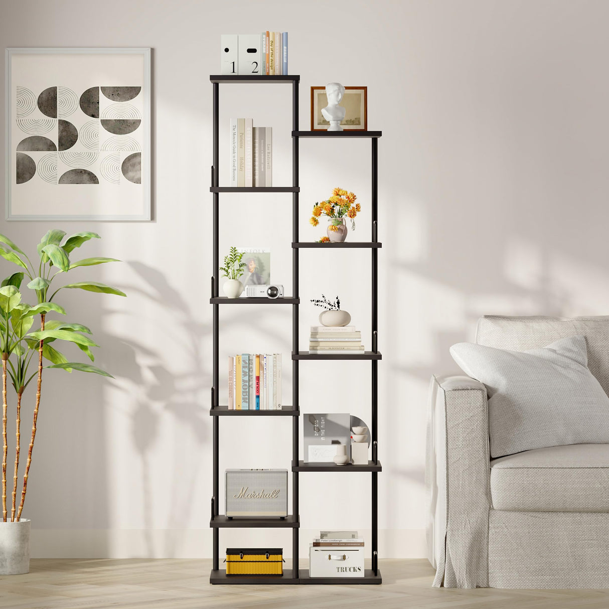 10 Tier Tree Bookshelf Tower Metal Spine Bookcase Industrial Bookshelves Tall Narrow Books Organizer Floor Standing Ladder Book shelf for Living Study Room Office Bedroom Corner Display black HBC506B IRCPEN