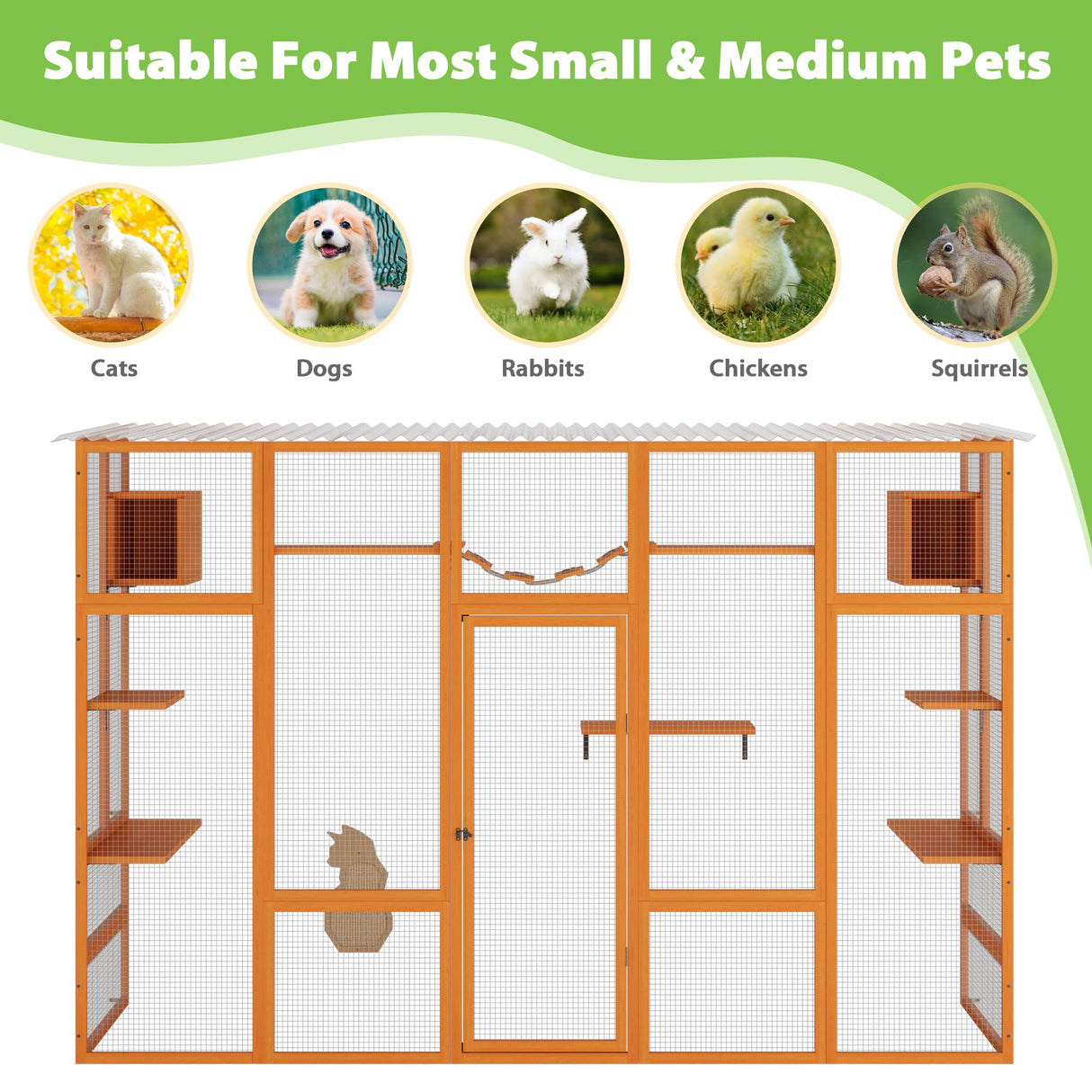 COZIWOW Catio Outdoor Cat Enclosure Window Catios for Indoor Cats Outside Patio Wooden Cattery with Large Door, Walks, Waterproof Roof, Resting Box, 104" L Extra Wide, Orange COZIWOW