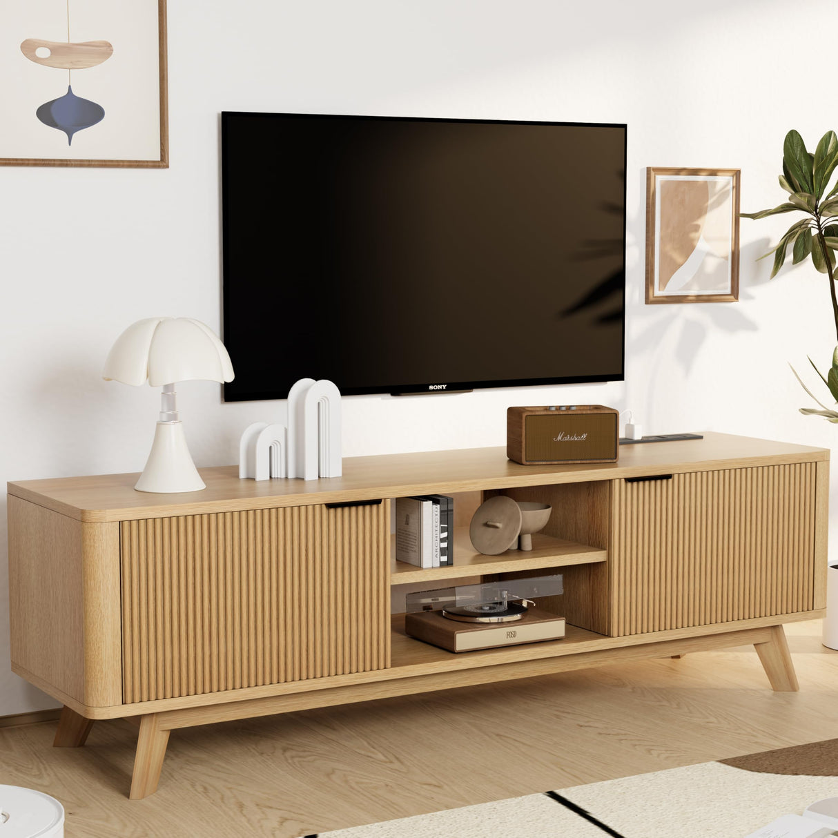 Royal Windsor Modern TV Stand for Living Room,Large TV Table with Fluted Door Cabinets and Open Shelves,Entertainment Center with Storage and TV Mount,Media Console Cabinet with Socket,Wood Grain Royal Windsor