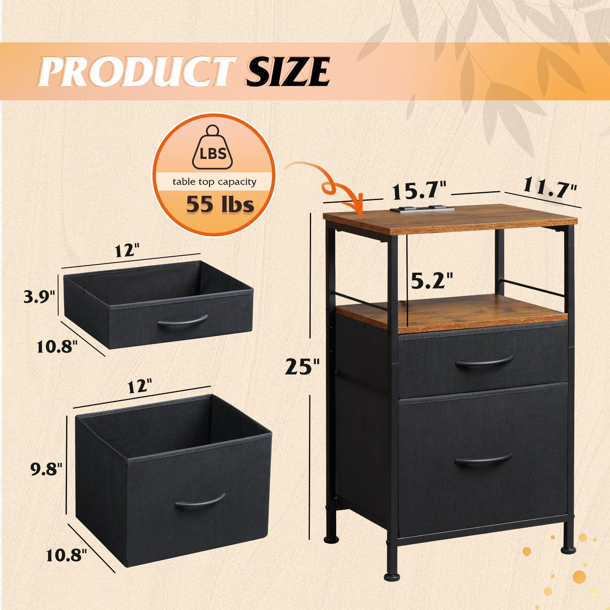 WLIVE Nightstand with Charging Station, Night Stand with 2 Fabric Drawers, Bedside Table, Small Dresser for Bedroom, Side Table with USB Ports and Outlets, Black and Rustic Brown WLIVE