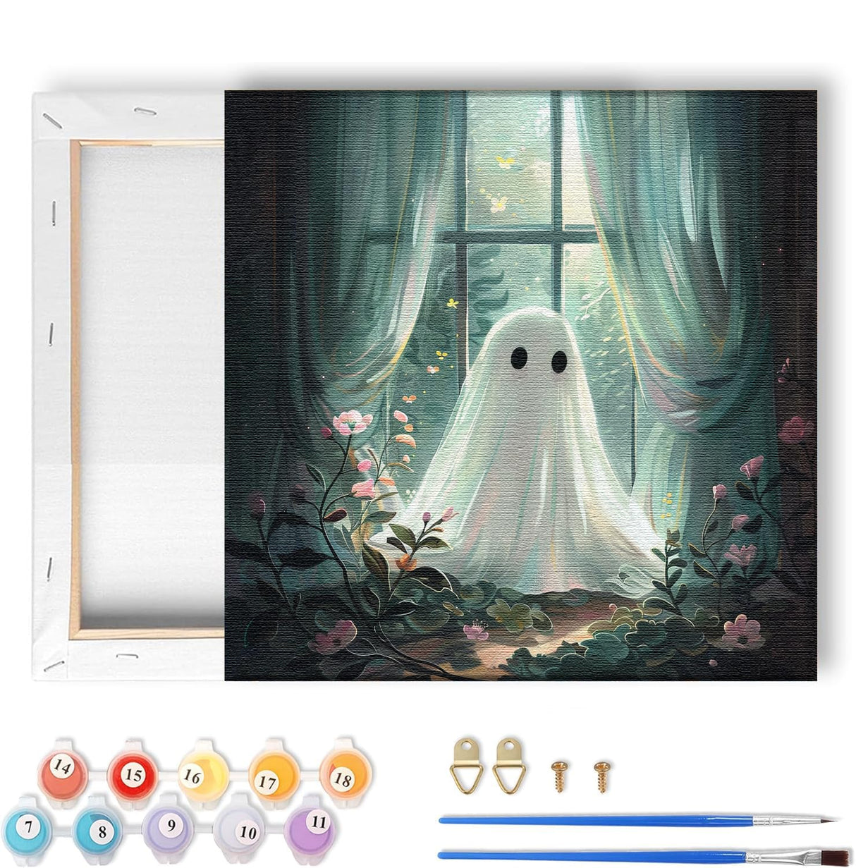 LOMSIOY Frame Paint by Number Kit for Adults, DIY Easy Halloween Ghost Oil Painting with Brushes, Hooks - Lone Watcher Framed Art Kits for Beginners - Suitable for Bedroom, Wall, Door Decor (8x8 Inch) LOMSIOY