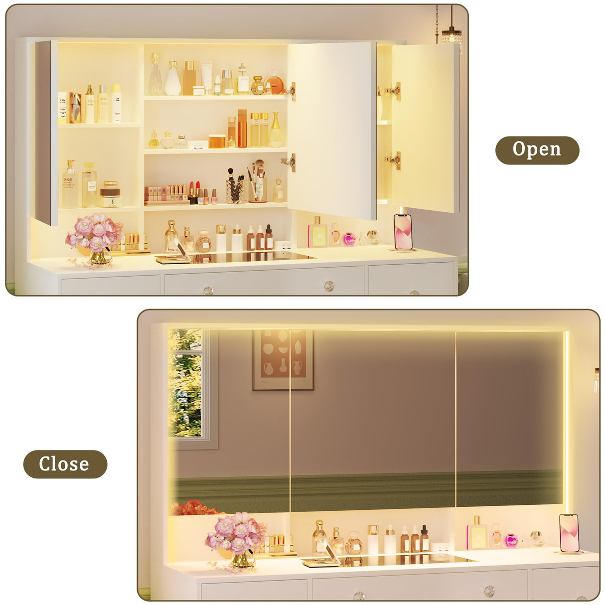 HUAHUU Vanity Desk with Mirror and Lights, 45.3'' Large Makeup Vanity with Glass Top & Power Outlet, White Vanity Table with 3 Drawers & 2 Cabinets & Hidden Storage Shelves, 3 LED Lighting Modes HUAHUU