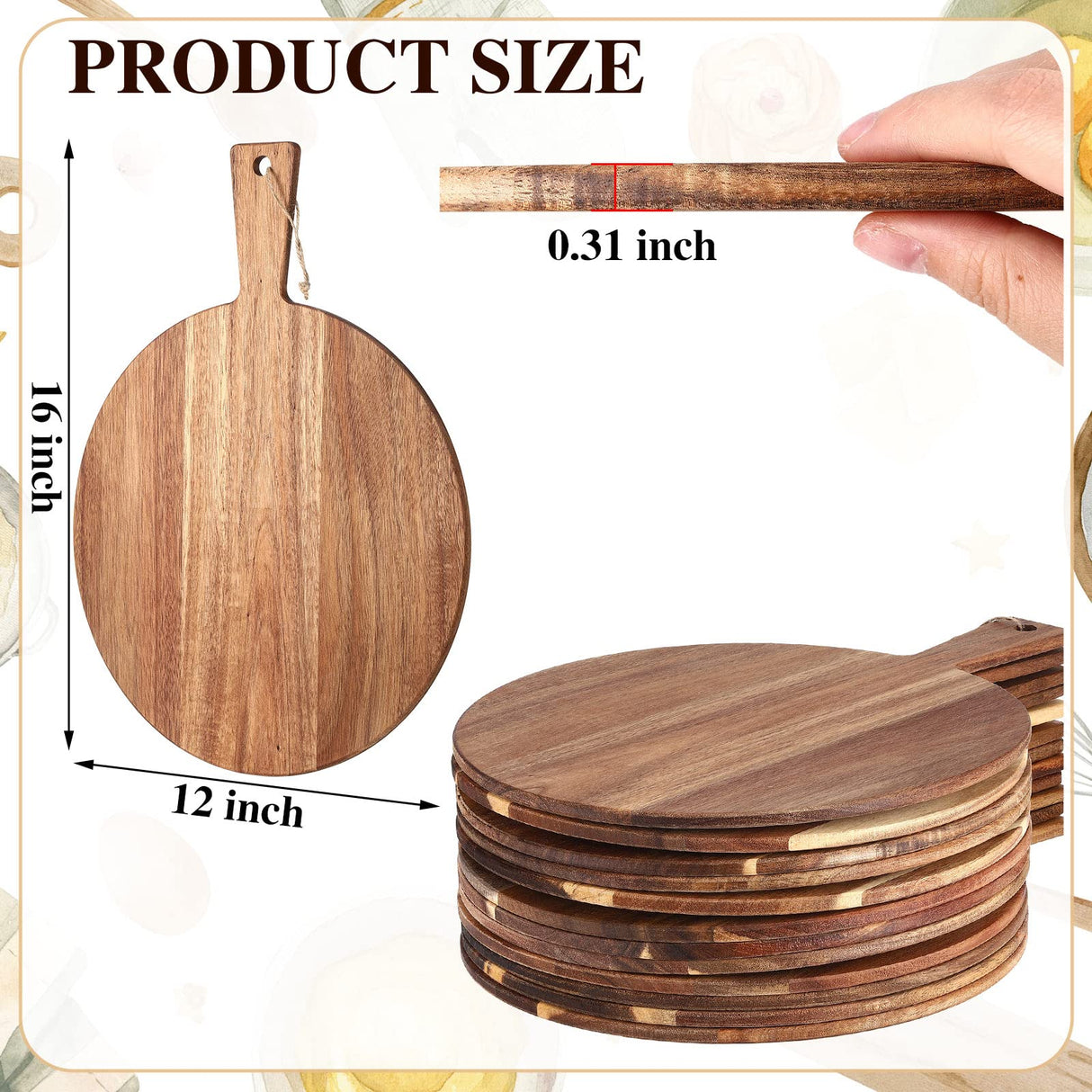 Patelai 12 Piece Round Wood Cutting Board Pizza Peel with Handle Laser Engraving Serving Board Charcuterie Cheese Bread Cutting Board Bulk for DIY Wedding Housewarming Gift (12 Inch,Acacia Wood) Patelai