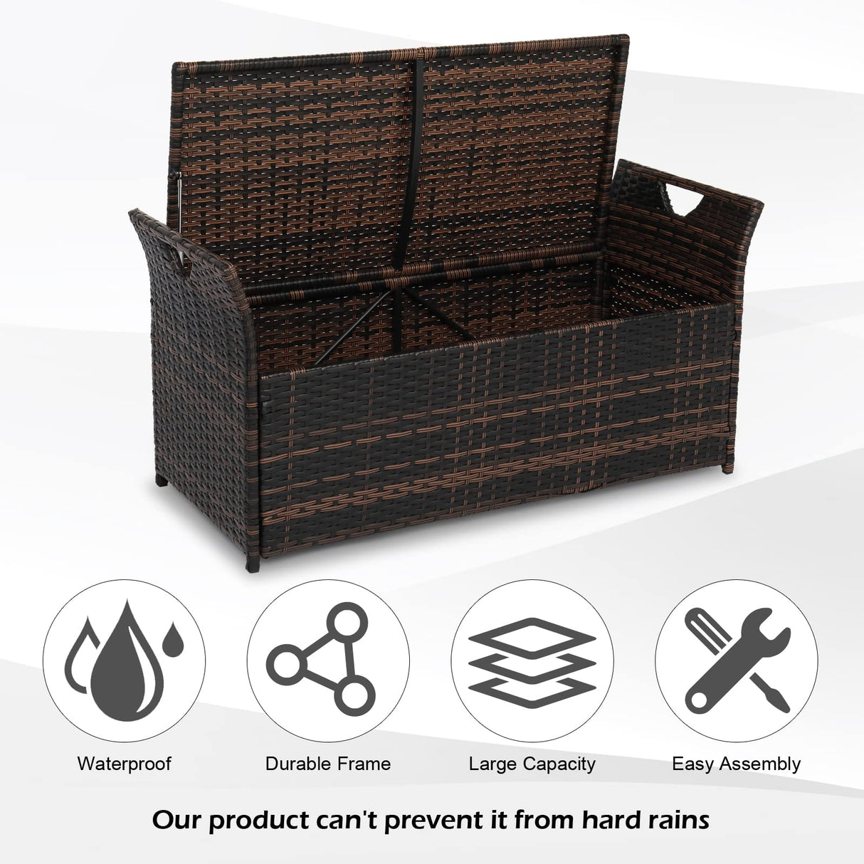 VINGLI 40 Gallon Wicker Storage Bench, Patio Cushion Storage Box Designed with Side Handles, Rattan Deck Box for Garden Tools, Cushions, Outdoor Patio Deck Box for Garden, Poolside, Brown VINGLI