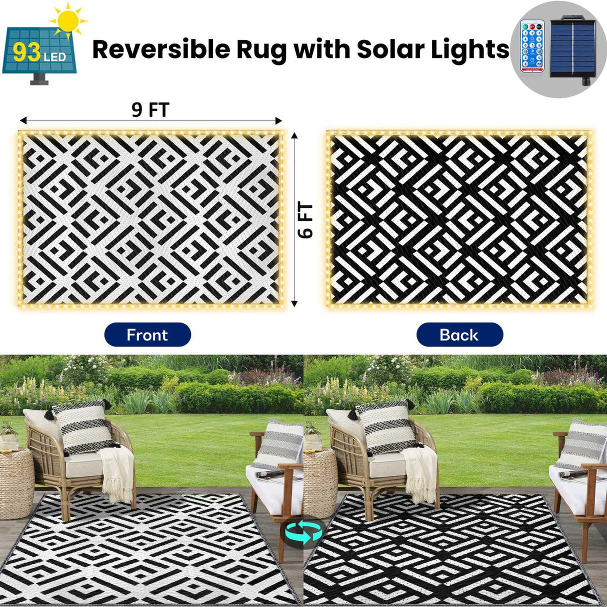 Outdoor Rug 6x9Ft, Solar Powered Outdoor Camping Rug with 94LEDs Strip Lights, Waterproof Plastic Reversible Outdoor Straw Rugs, Rugs Mat for RV Camping Patio Beach Balcony House Deck Picnic carpopo