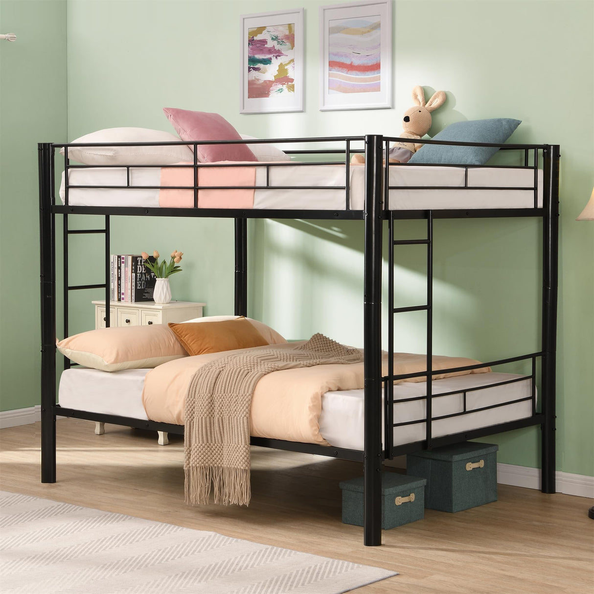 ZMIZAKOY Heavy Duty Full Over Full Bunk Bed for Kids Adults Teens, Metal Bunk Bed Full Over Full with Sturdy Guard Rail & 2 Side Ladders, Convertible Bunkbed,No Box Spring Needed (Black) ZMIZAKOY