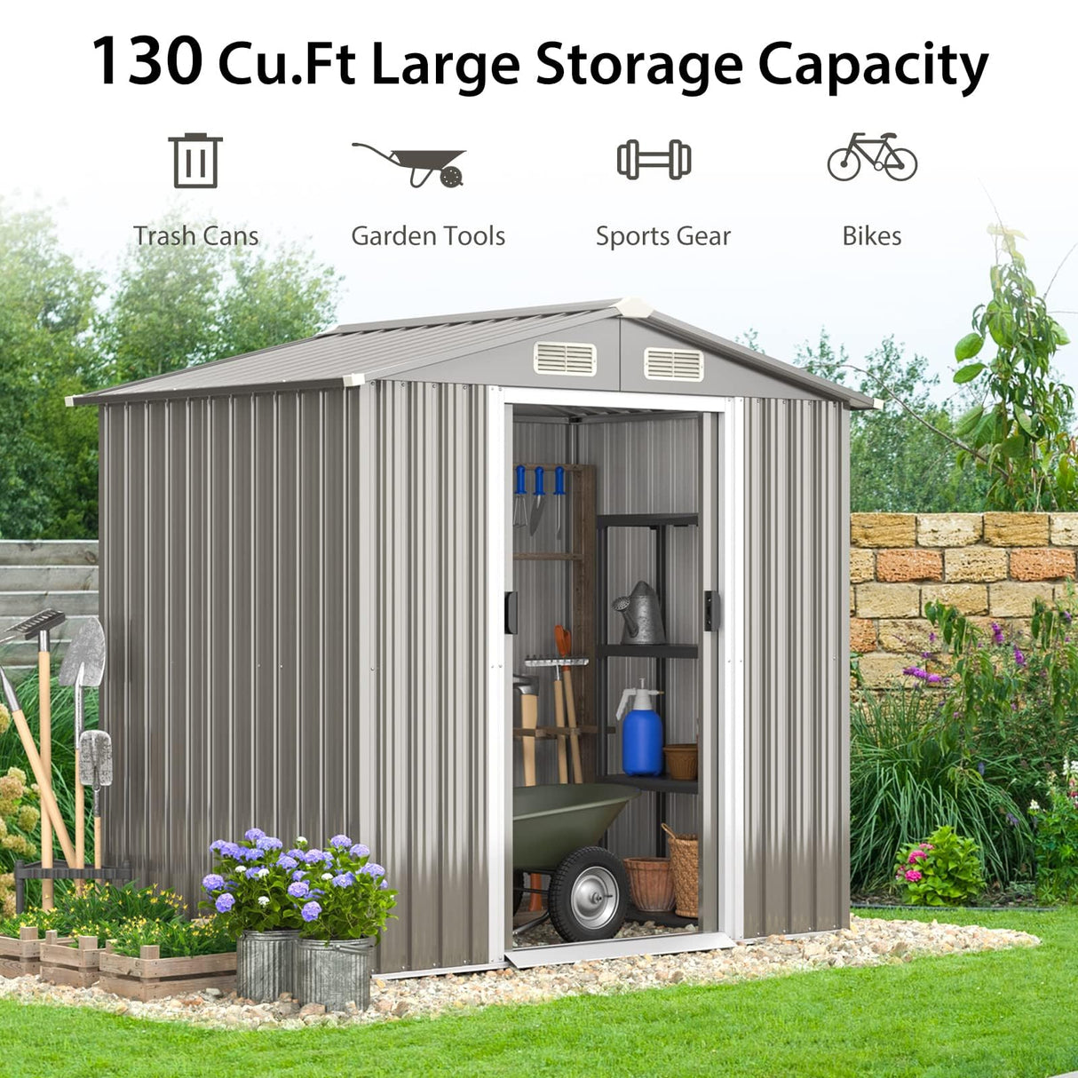 HAPPYGRILL 6 x 4 ft Outdoor Metal Storage Shed, Galvanized Steel Shed with Tilted Roof, Lockable Sliding Doors & 4 Air Vents, Utility Shed for Backyard Garden Patio Lawn HAPPYGRILL