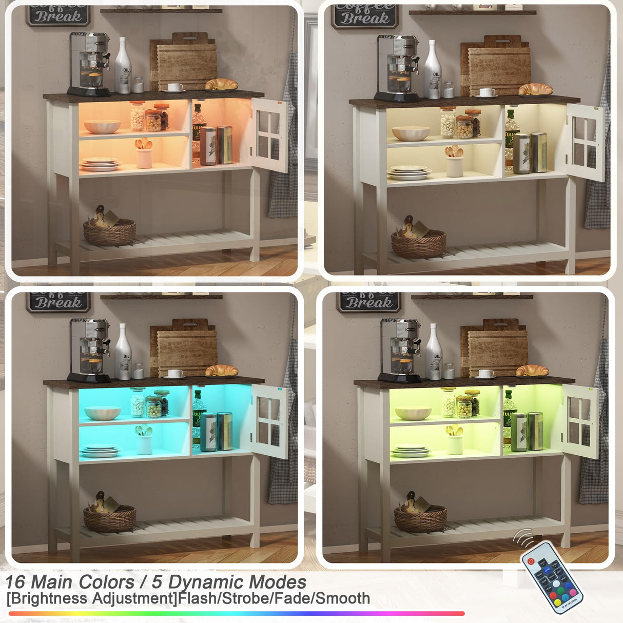 ChooChoo Farmhouse Coffee Bar Cabinet with LED, Buffet Cabinet with Storage, Sideboard Buffet Cabinet with Glass Door, Console Table for Kitchen, Hallway, Entrance, White ChooChoo