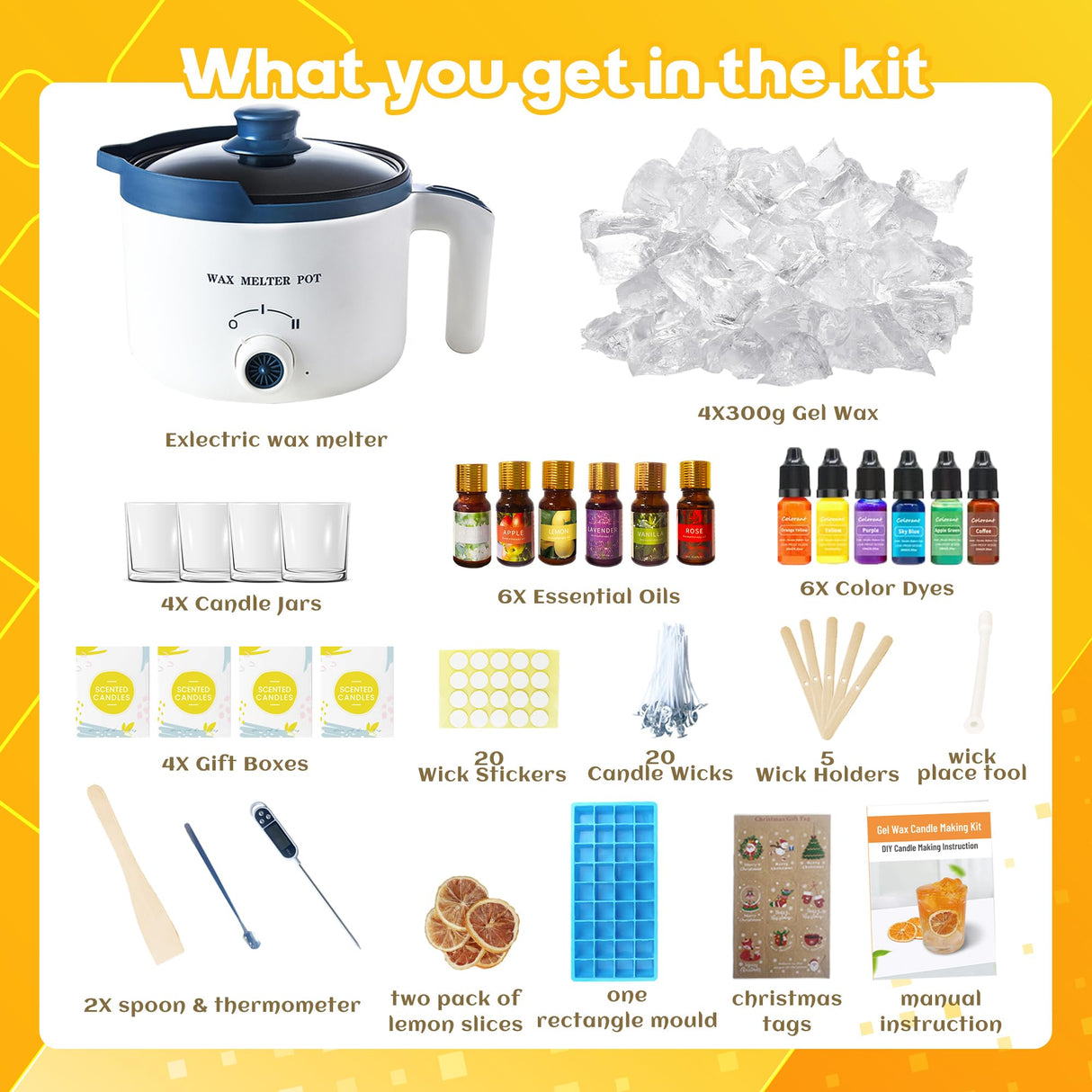 Gel Wax for Candle Making Clear Kit for Adults, DIY Transparent Jelly Wax Set with Electric Melter, Glass Jars, Wick, Dyes and Scents KQU