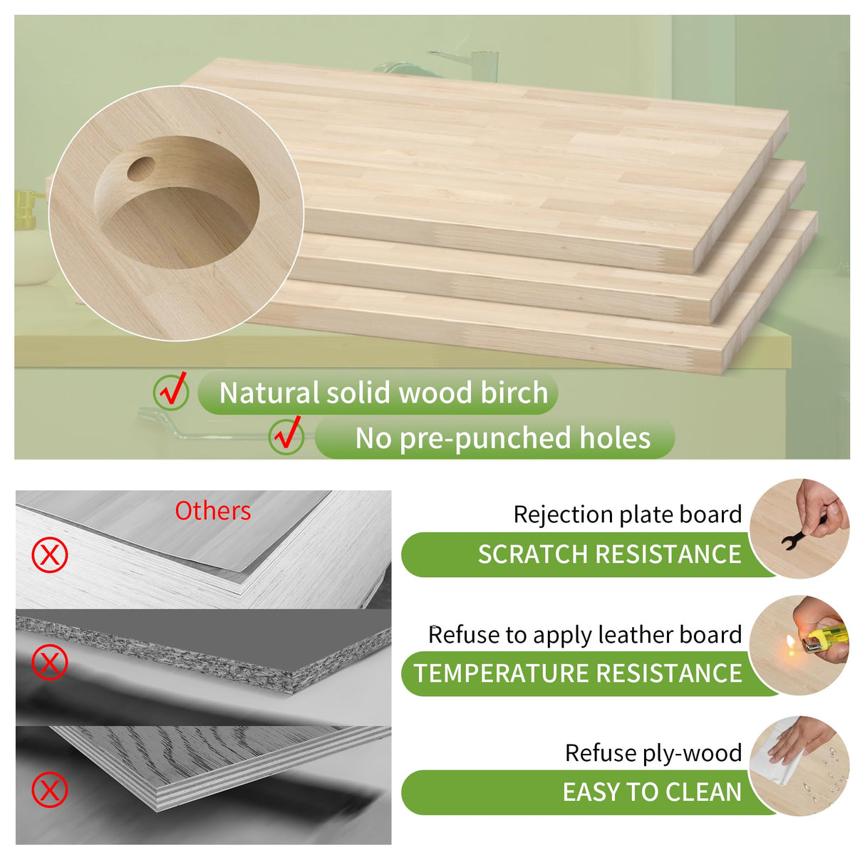 Butcher Block Countertop Solid Wood Table Top Birch Countertop Cutting Board for DIY Wood Desk Top Washer Dryer Counter Top Butcher Block Work Bench Top for Office Desk,Unfinished Tops 24 x 25x 1.5 in RKVPCNE