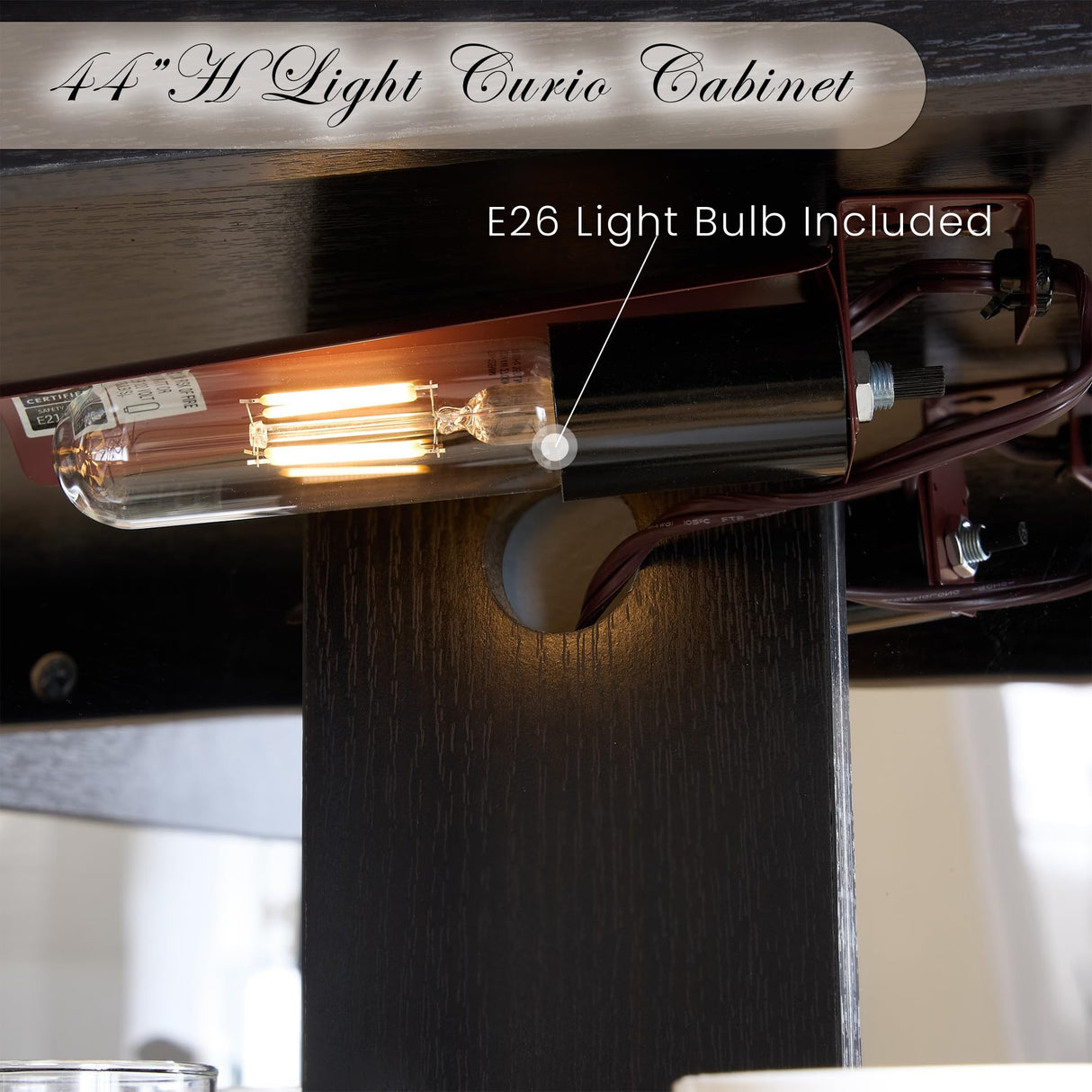 Eyisean 44" H Lighted Glass Display Cabinet with Glass Doors, Wooden Curio Cabinet with 3 Adjustable Shelves, Mirrored Back Panel, Arched China Cabinet for Living Room, Light Bulb Included (Black) Eyisean