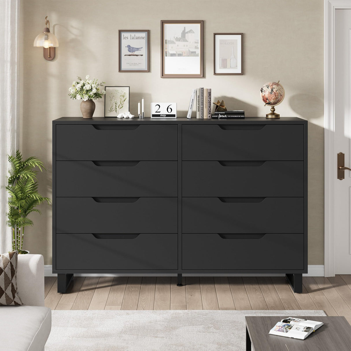 GarveeHome 8 Dresser for Bedroom, 55" Wide Dresser, Freestanding Horizontal Drawer with Storage, Wooden Closet Chest Storage for Living Room, Hallway, Entryway, Black GarveeHome