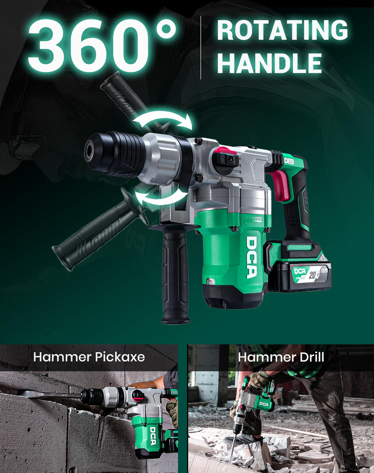 DCA 20V MAX Brushless Rotary Hammer Drill, 4.5 Joule, 3800BPM, 1-1/8 Inch SDS-Plus Cordless, 5.0Ah Battery, 4A Fast Charger, Safety Clutch and Vibration Control, 4 Drill Bits and 2 Chisels DCA