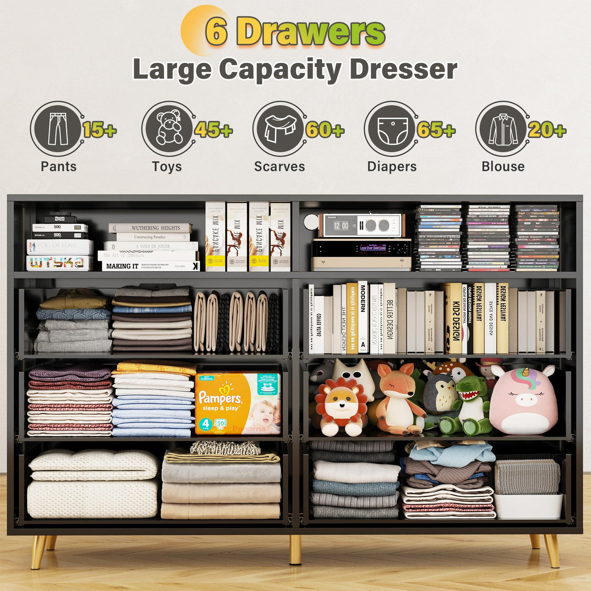 EnHomee Dresser for Bedroom,Black Dresser with LED, Wood Dresser with Smooth Metal Rail, 6 Drawer Dresser with Large Organizer Large Dresser & Chests of Drawers Wide Dresser Bedroom Furniture,Black EnHomee