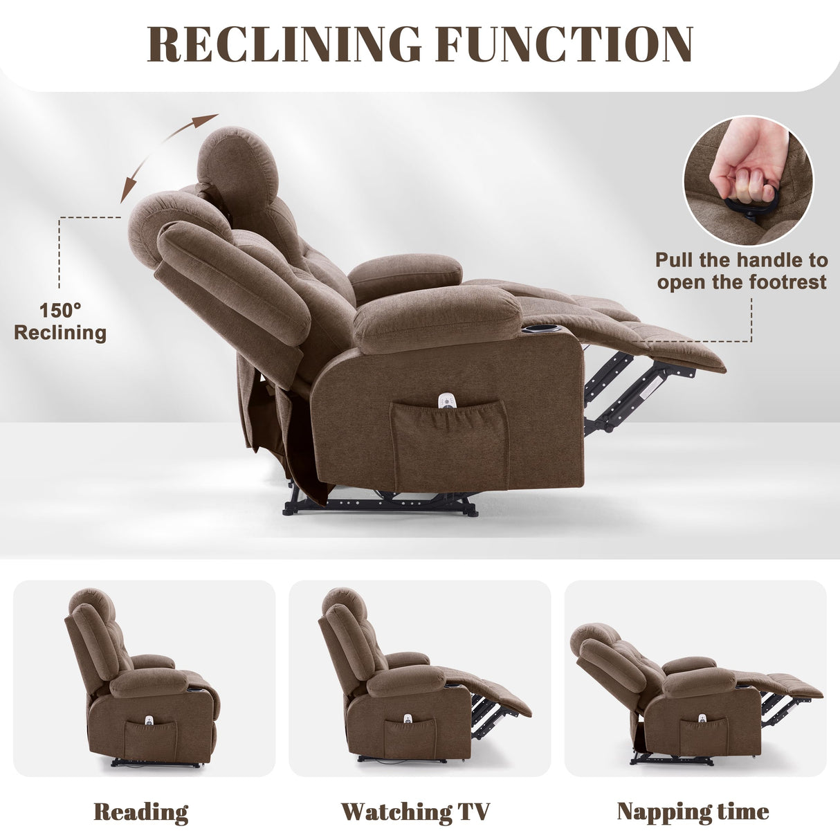 Reedvales Oversized Recliner Sofa with Heat and Massage, Big Large 3-Seater RV Recliner Couch Sofa for Living Room, Wall-Hugger Reclining Sofa with Cup Holders and USB Port (Fabric, Brown) Reedvales