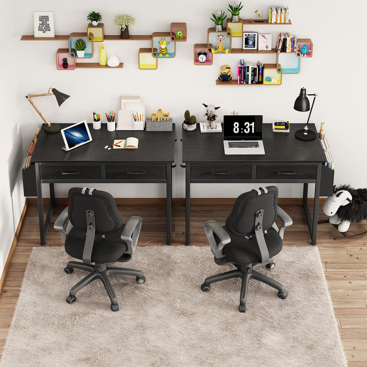 DLisiting Small Desk with Fabric Drawers for Bedroom, 32 Inch Small Gaming Desk with 2 Drawers for Small Space, Study Writing Table PC Desks, Black DLisiting