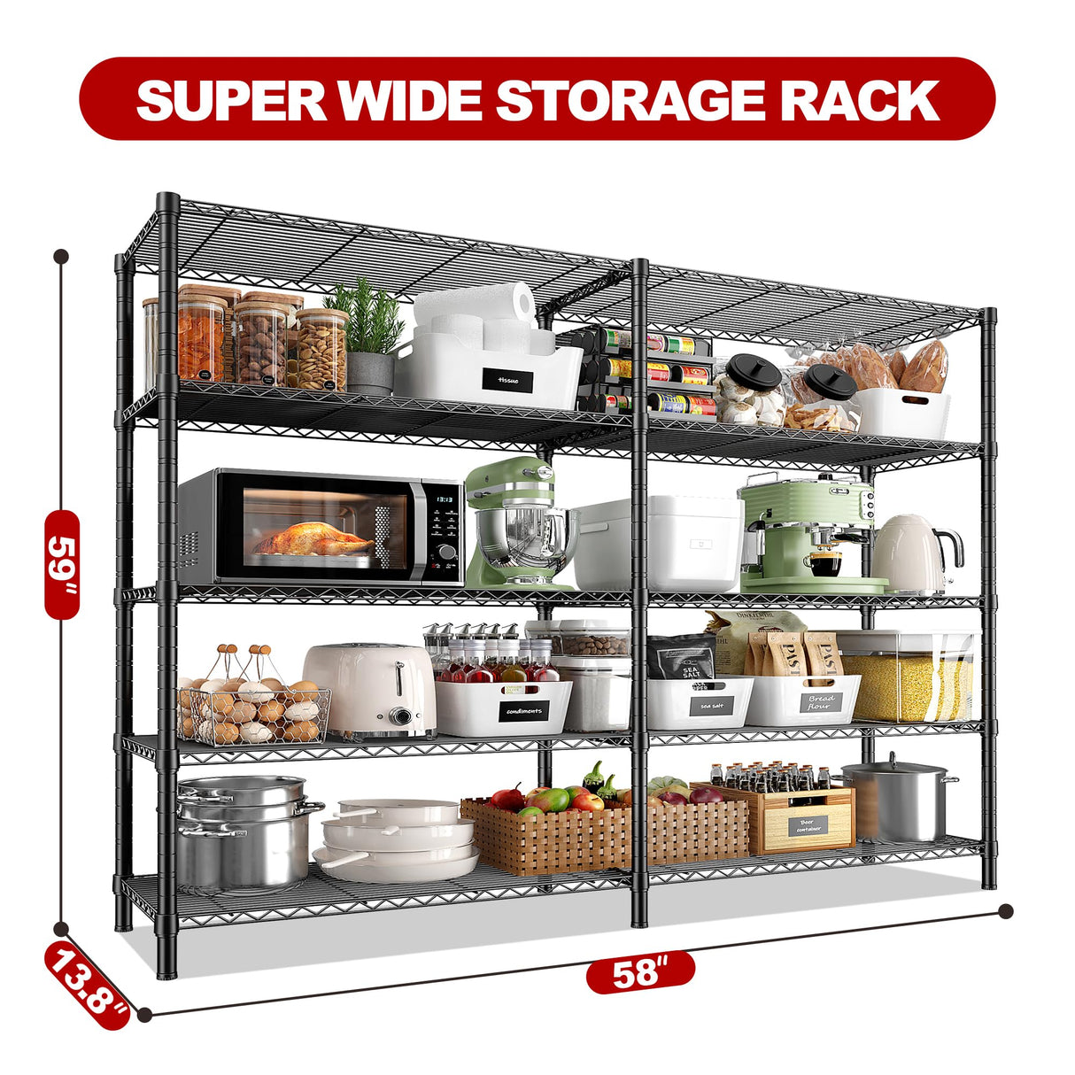 REIBII 5 Tier Wire Shelving Storage Shelves Loads 1430LBS, 58" W Metal Shelving Unit for Storage Adjustable Heavy Duty Garage Shelving Pantry Shelves Kitchen Shelving, Black, 2 Pack REIBII