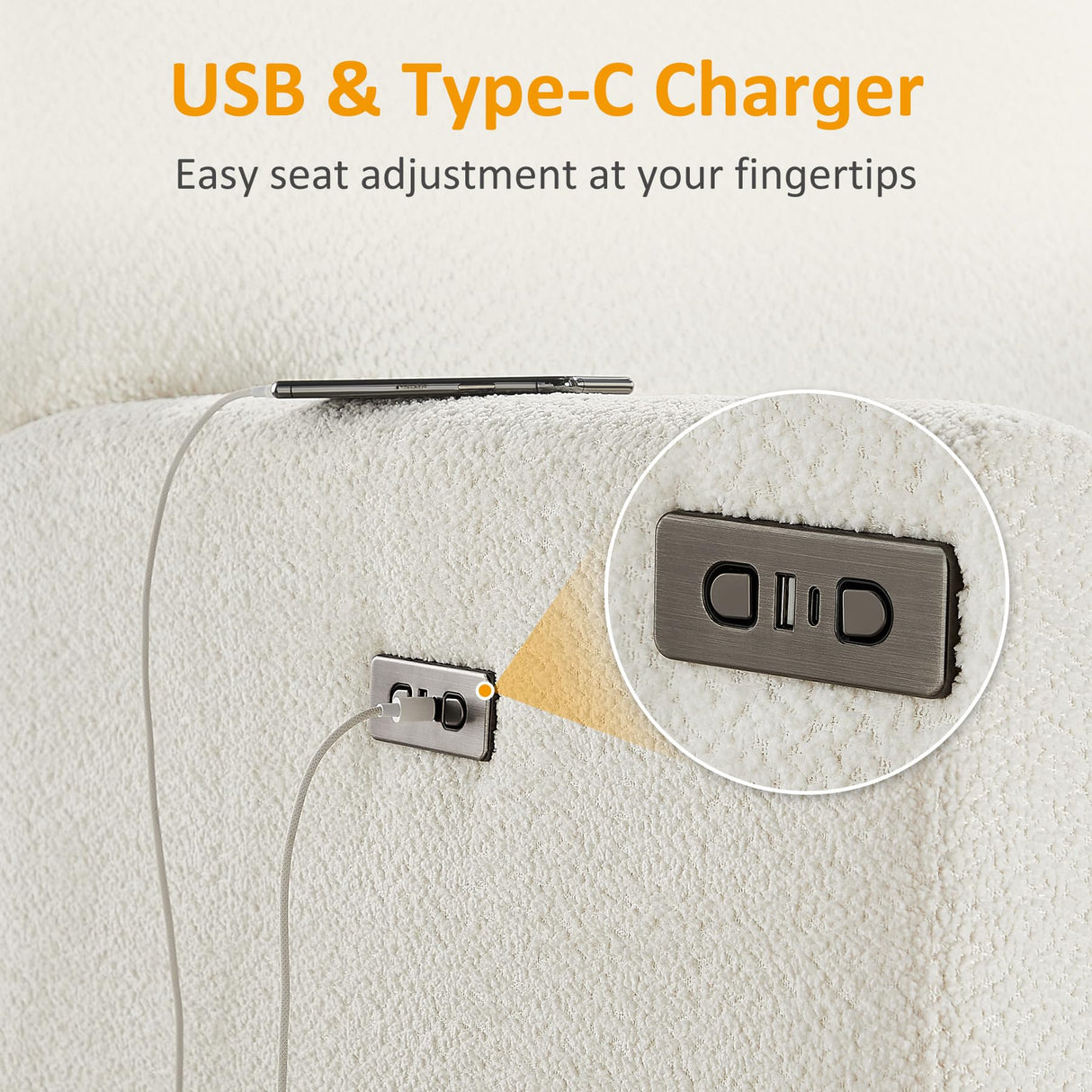 VANOMi Power Swivel Glider Recliner Chair, Electric Nursery Rocker Recliner Chair, USB & Type-C Charger, Boucle White VANOMi