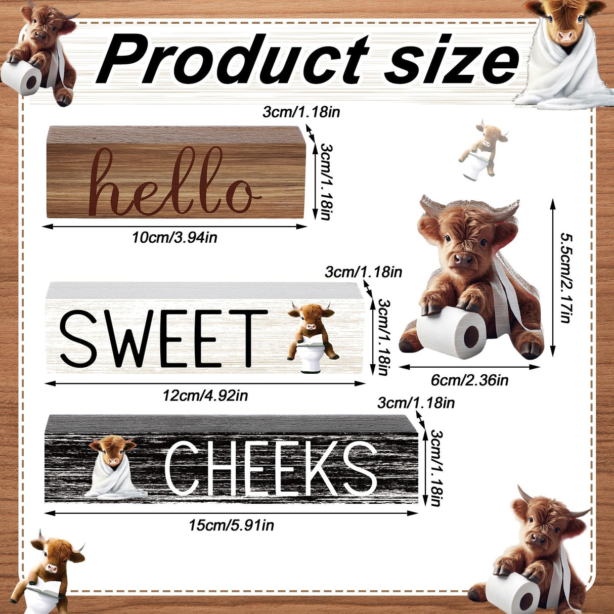 Cinnvoice 4 Pcs Christmas Highland Cow Bathroom Decor Farmhouse Bathroom Decoration Western Hello Sweet Cheeks Table Centerpiece Cinnvoice