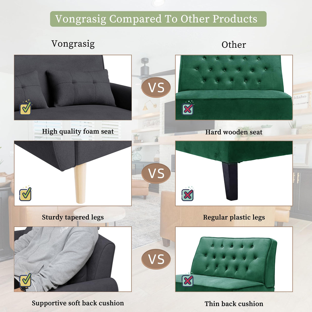 Vongrasig 47" Small Modern Loveseat Sofa, Mid Century Linen Fabric 2-Seat Sofa Couch Tufted Love Seat with Back Cushions and Tapered Legs for Living Room, Bedroom and Small Space (Black) Vongrasig