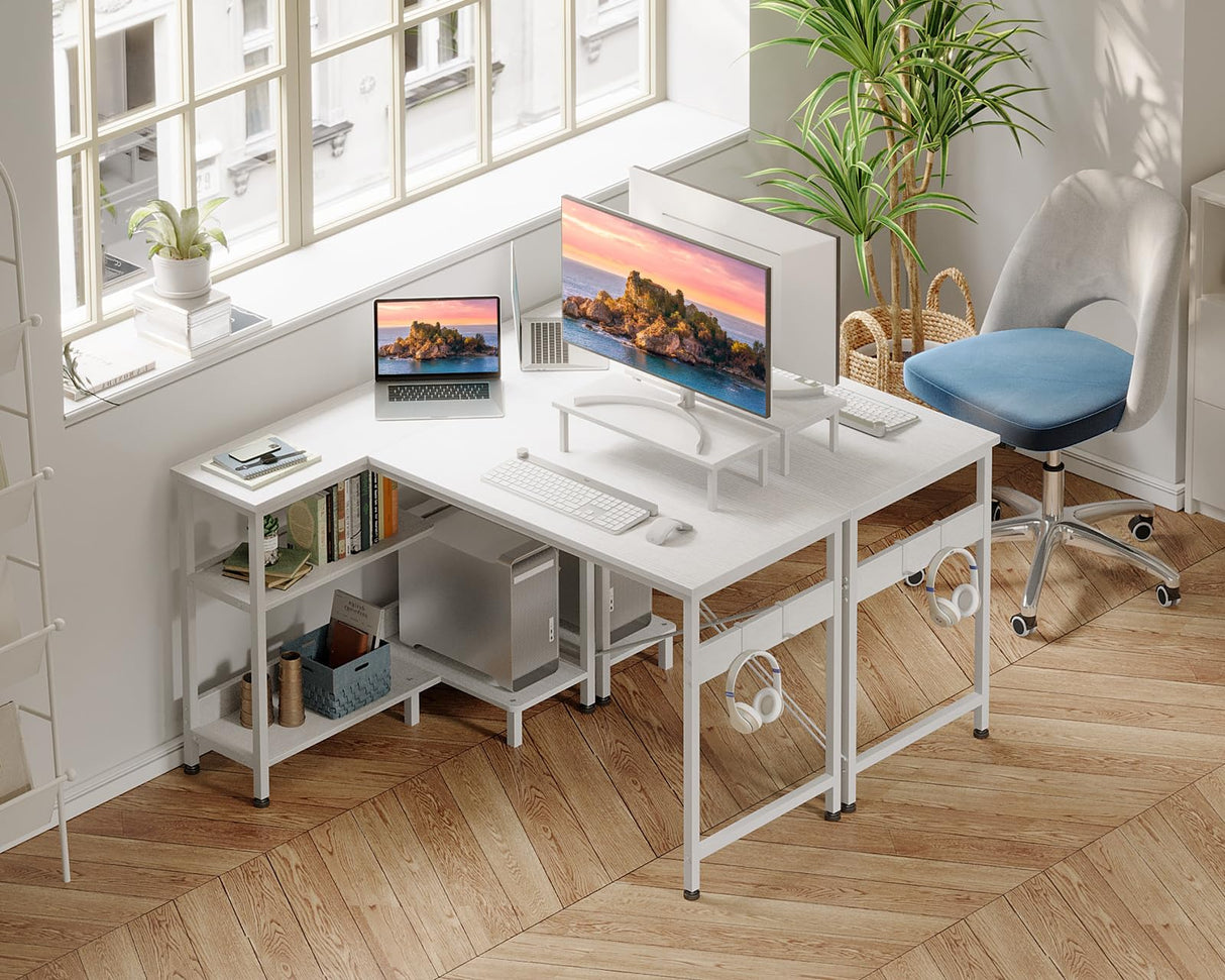 ODK 47 Inch Small L Shaped Computer Desk with Reversible Storage Shelves, L-Shaped Corner Desk with Monitor Stand for Small Space, Modern Simple Writing Table for Home Office Workstation, White ODK