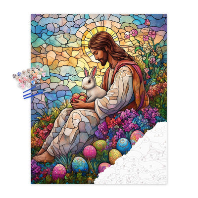 Easter Paint by Numbers Kit for Adults, Bunny Paint by Number, Stained Glass Acrylic Painting, Easter Egg Number Painting Set, Jesus Wall Art, Christian Poster Home Wall Decor(16x20inch)