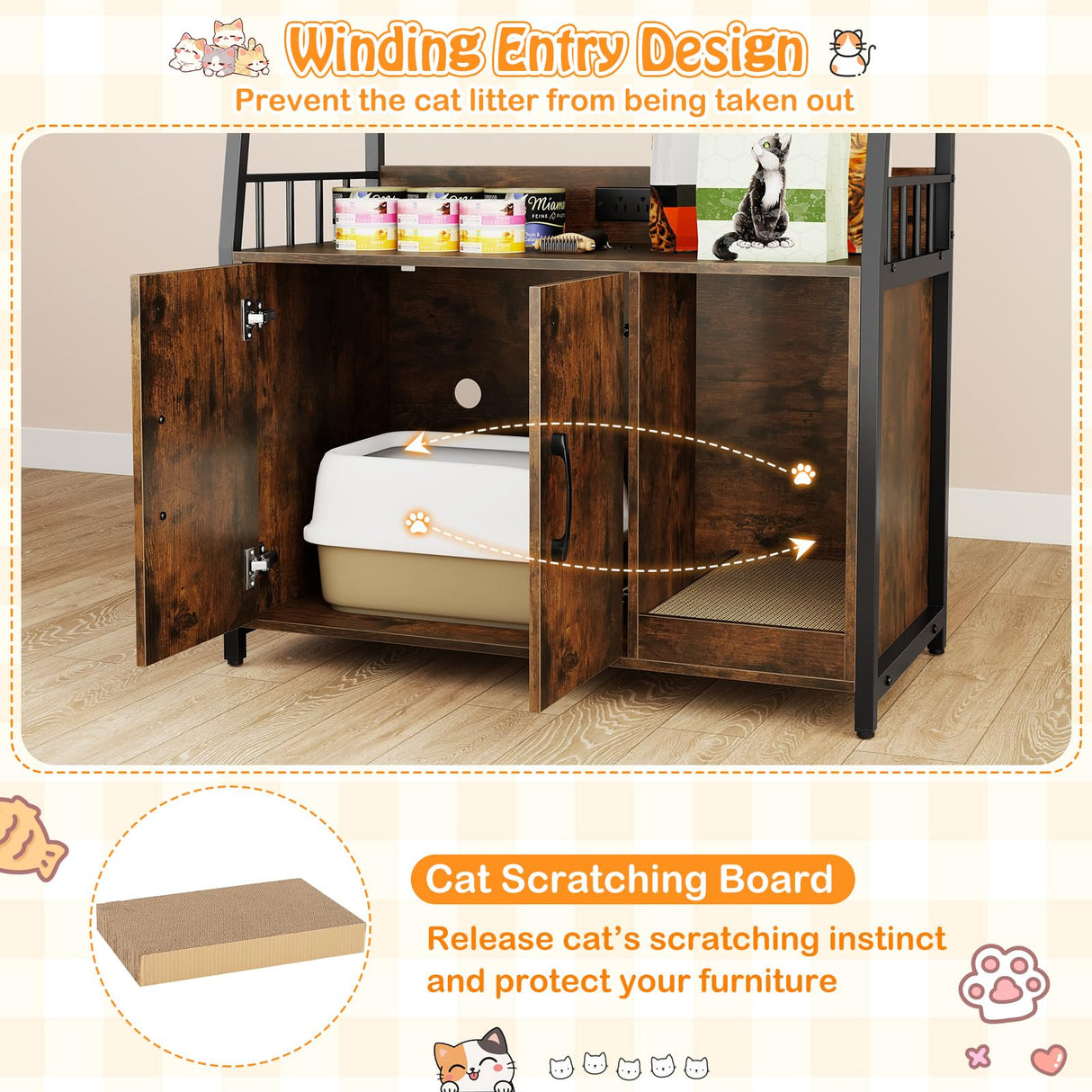 Tangkula Litter Box Enclosure with Shelves, Hidden Cat Washroom Cabinet with Charging Station, Winding Entry & Scratching Board, Versatile Litter Box Furniture (Rustic Brown) Tangkula