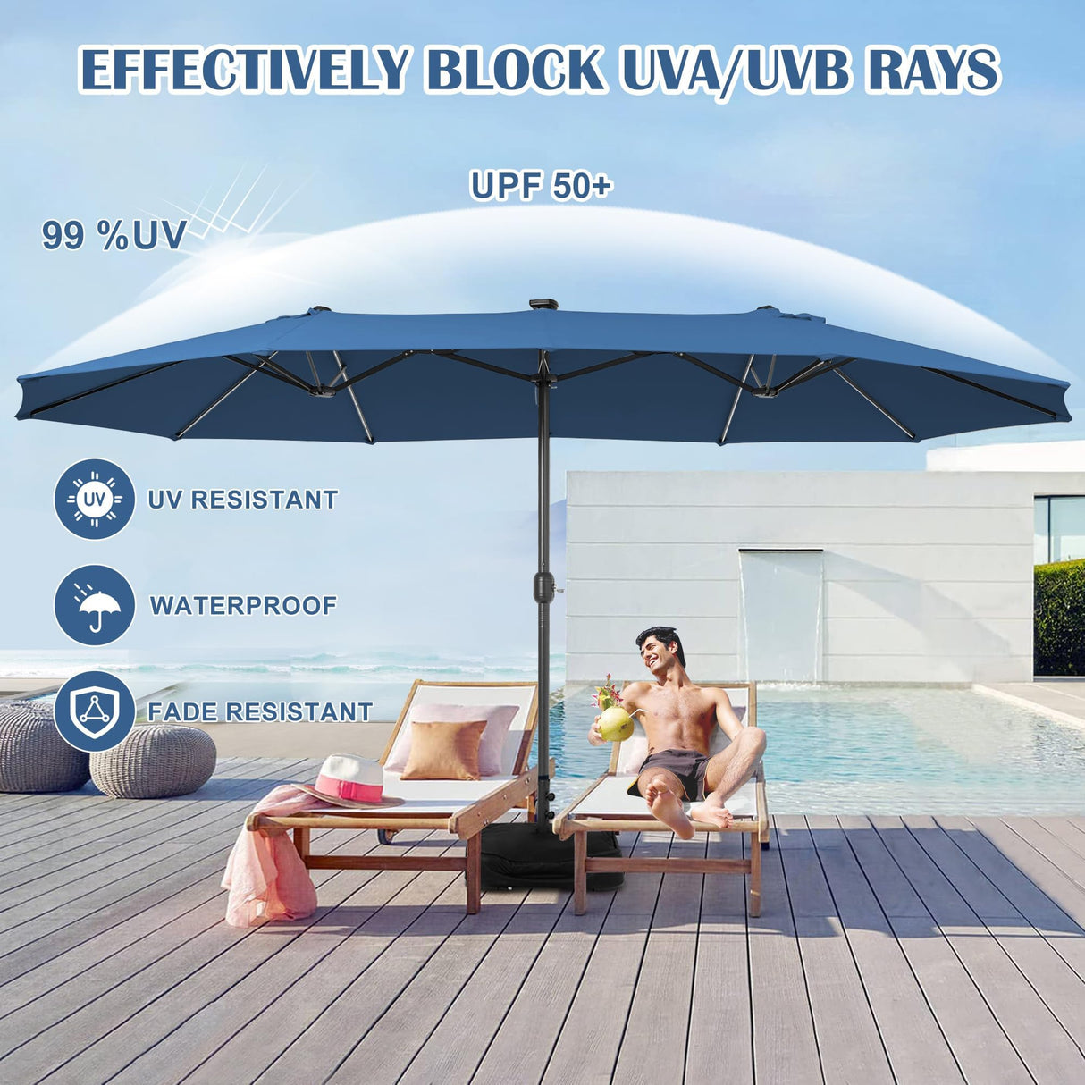 Sundale Outdoor Solar 144 LED 15 ft Patio Umbrella with Sandbag Base Included and Cover, Outdoor Double-Sided Umbrella, Navy Sundale Outdoor