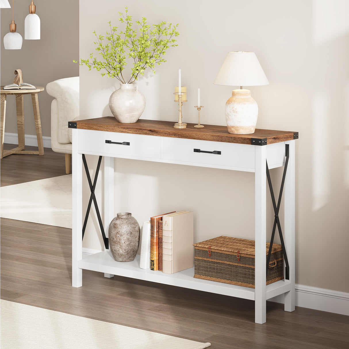 GarveeHome Woode Entryway Table, Farmhouse Console Table with 2 Drawers, Sofa Table with Storage for Living Room, Hallway Foyer Table Home Furniture GarveeHome