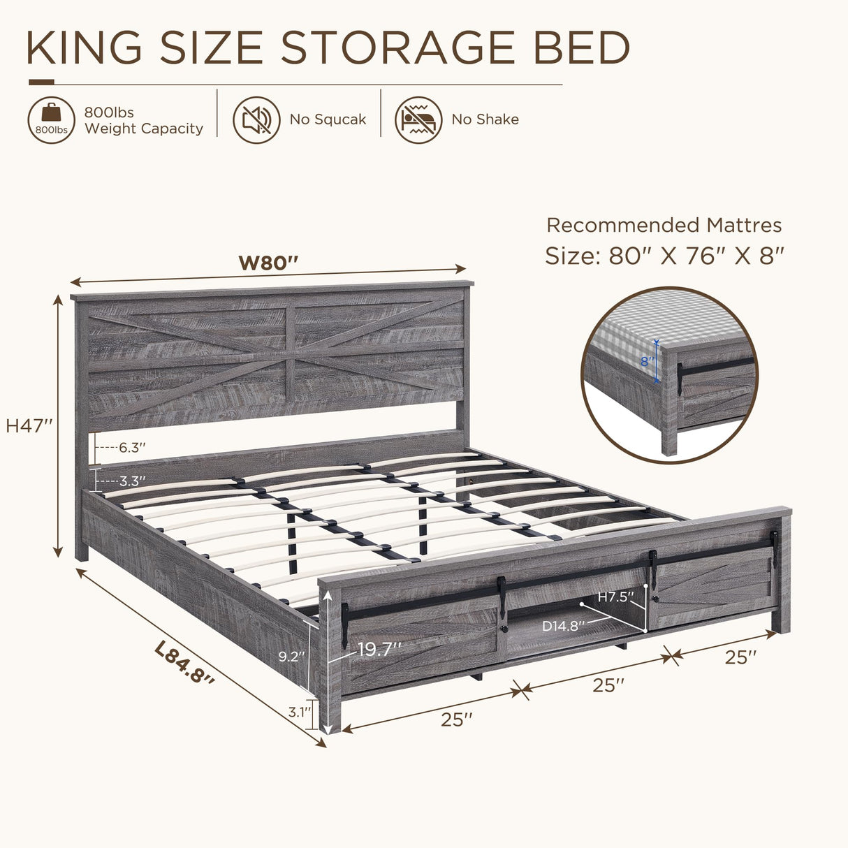 JXQTLINGMU King Farmhouse Wood Bed Frame with Sliding Barn Door Storage Cabinets, Solid Wood Slats Support, Noiseless, No Box Spring Needed, Grey JXQTLINGMU