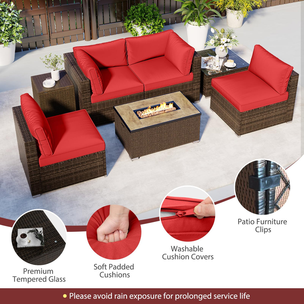Tangkula 7 Pieces Outdoor Sectional Sofa Set Set with 32” Fire Pit Table and Propane Tank Cover, for Deck, Garden and Backyard, Fire Pit Protective Cover Included (Red) Tangkula