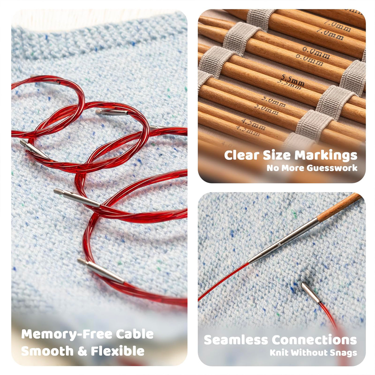 Ruidi Premium Beechwood & Steel Interchangeable Knitting Needles Set - 10 Sizes (3.5-10.0mm) with 4 Cables & Navy Blue Leather Case | Double-Lock Ergonomic Design RUIDI